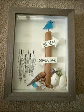 Coastal Beach Snack Bar Wall Art - Teal Bird & Shells